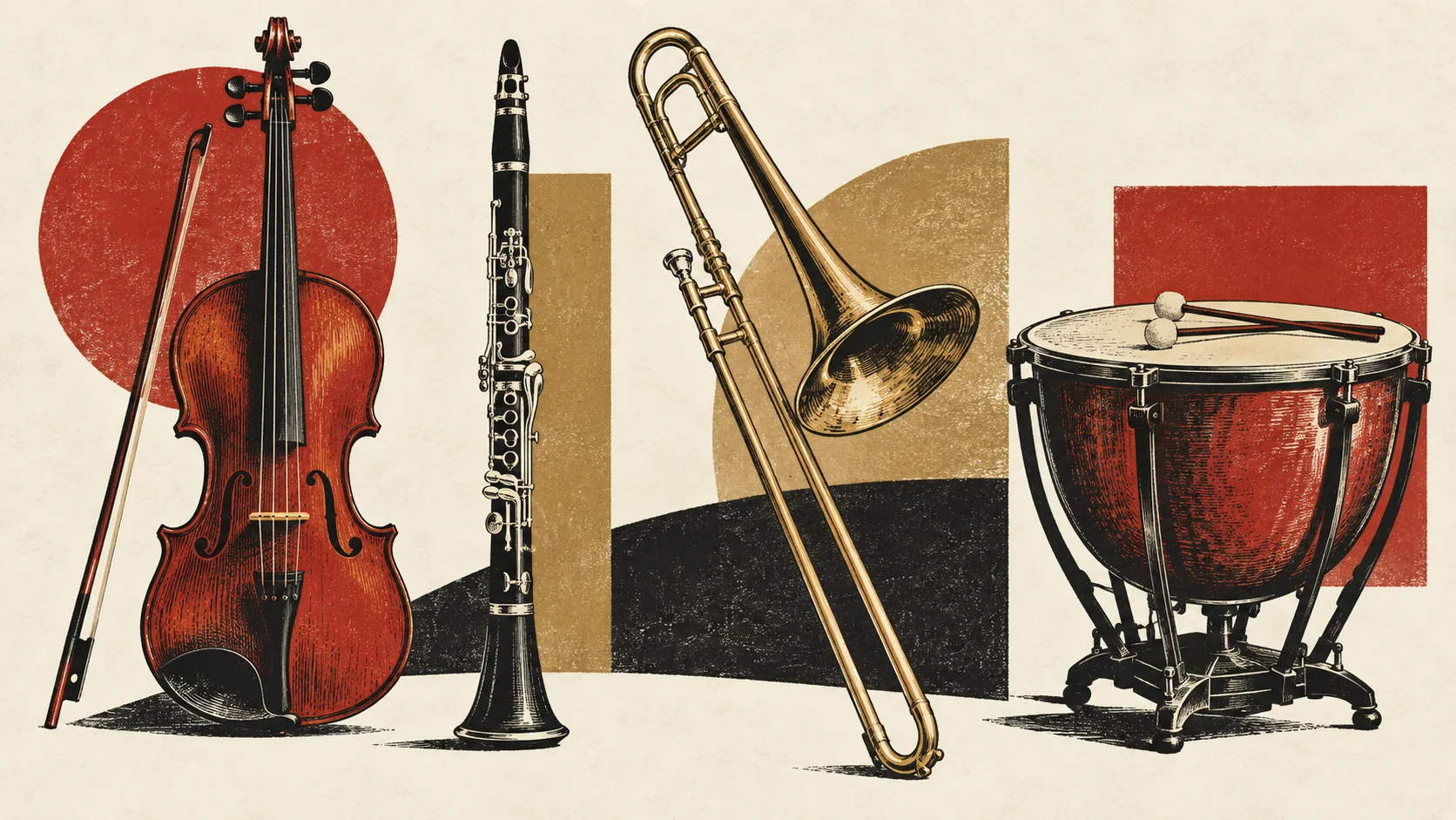 Illustration av violin, klarinett, trombon och en puka.